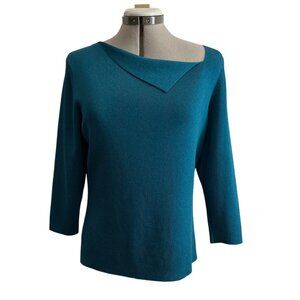 Rafaella Womens Teal Asymmetrical Neck Top L 3/4 Sleeves Office